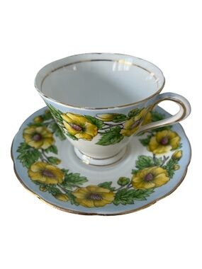 Tuscan Fine English Bone China Gilded Yellow Blue Floral Teacup and Saucer Set